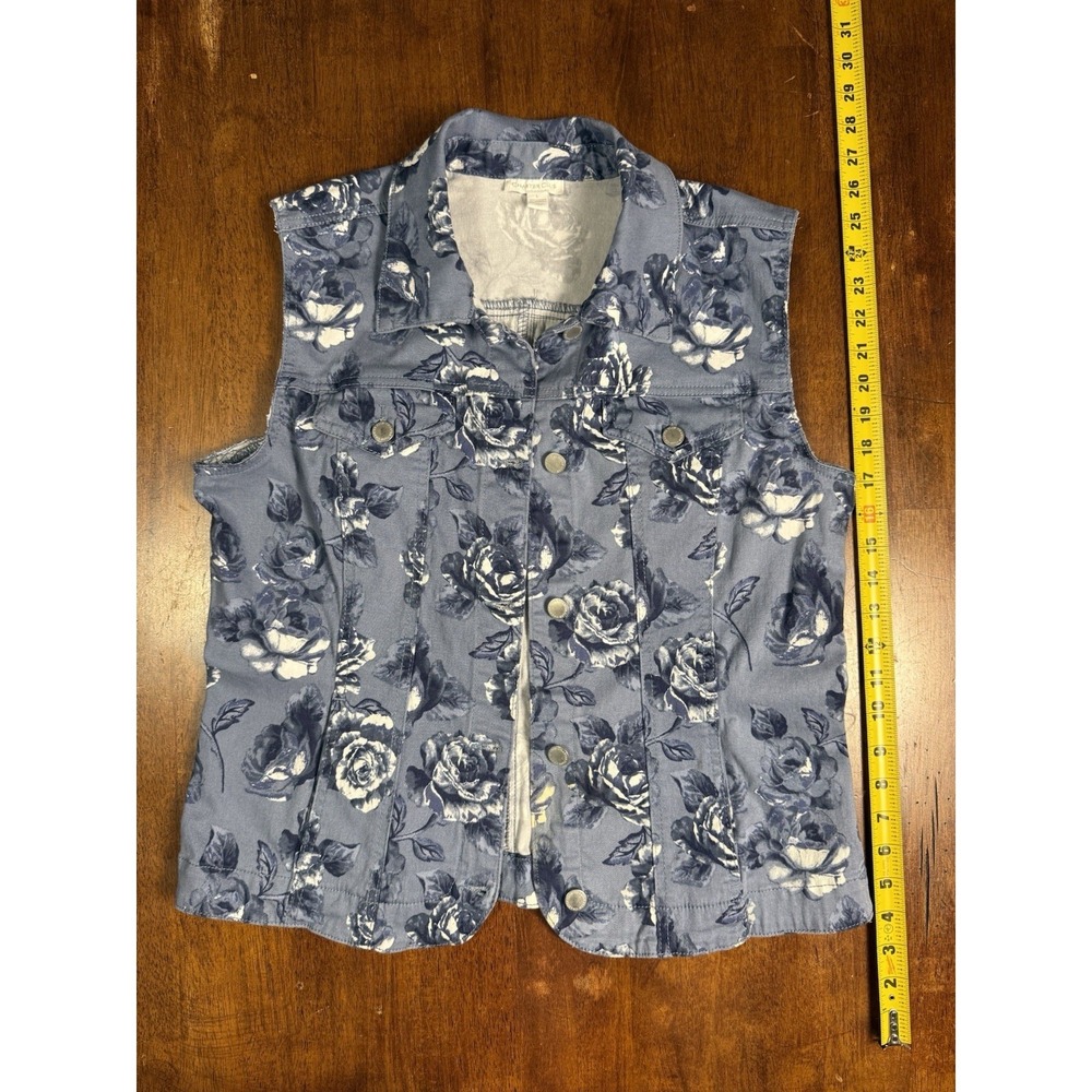 Charter Club Floral Denim Vest Blue Rose Print Sleeveless Jacket Size L 24" Long